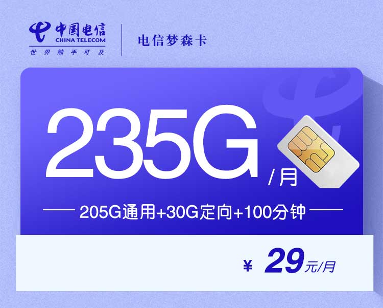 电信流量卡梦森卡【29元235G+100分钟】