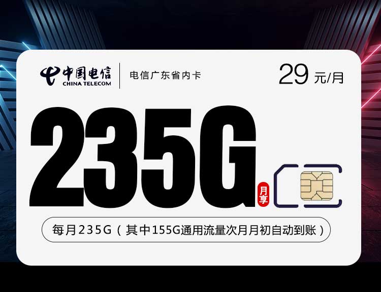 电信流量卡广东省内卡【29元235G+100分钟】